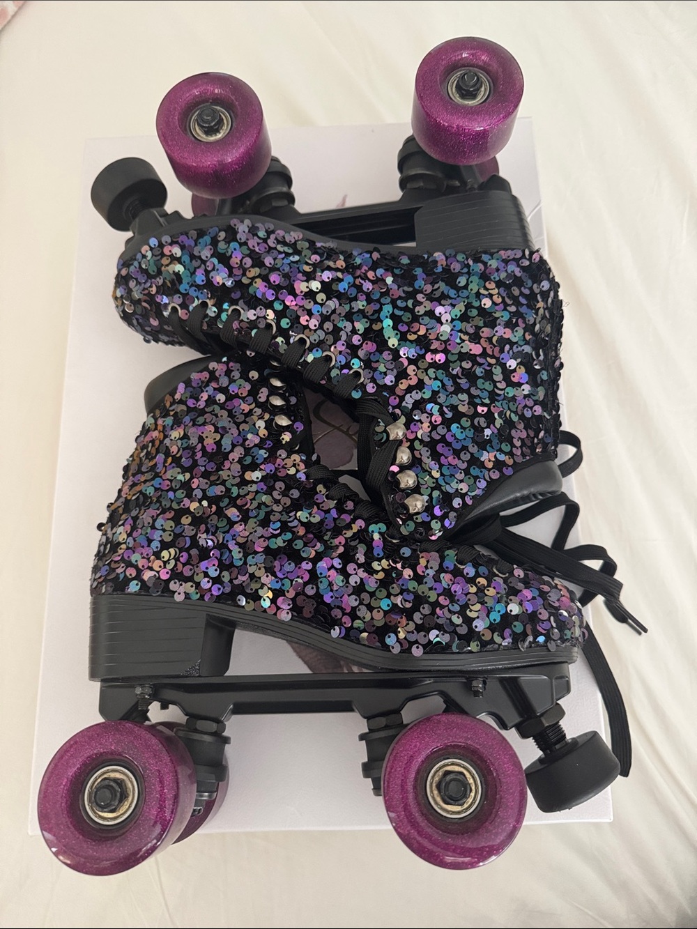Jessica Simpson Sequin Black Roller Skates with Iridescent Sparkle & Pink Wheel